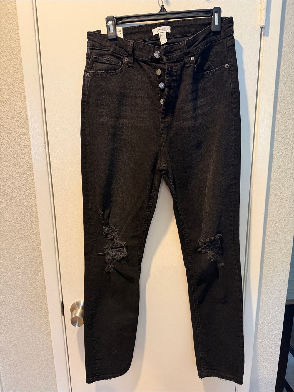 Forever 21 Black Distressed Button-Fly Skinny Jeans